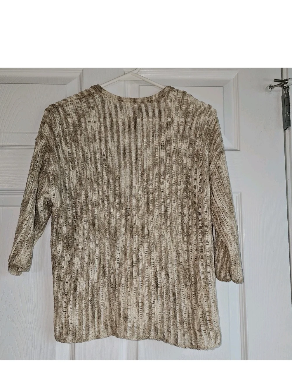Chicos 1 (US M/8) Open Cardigan Crochet Cream Tan Cotton Blend ¾ Sleeve Earthy